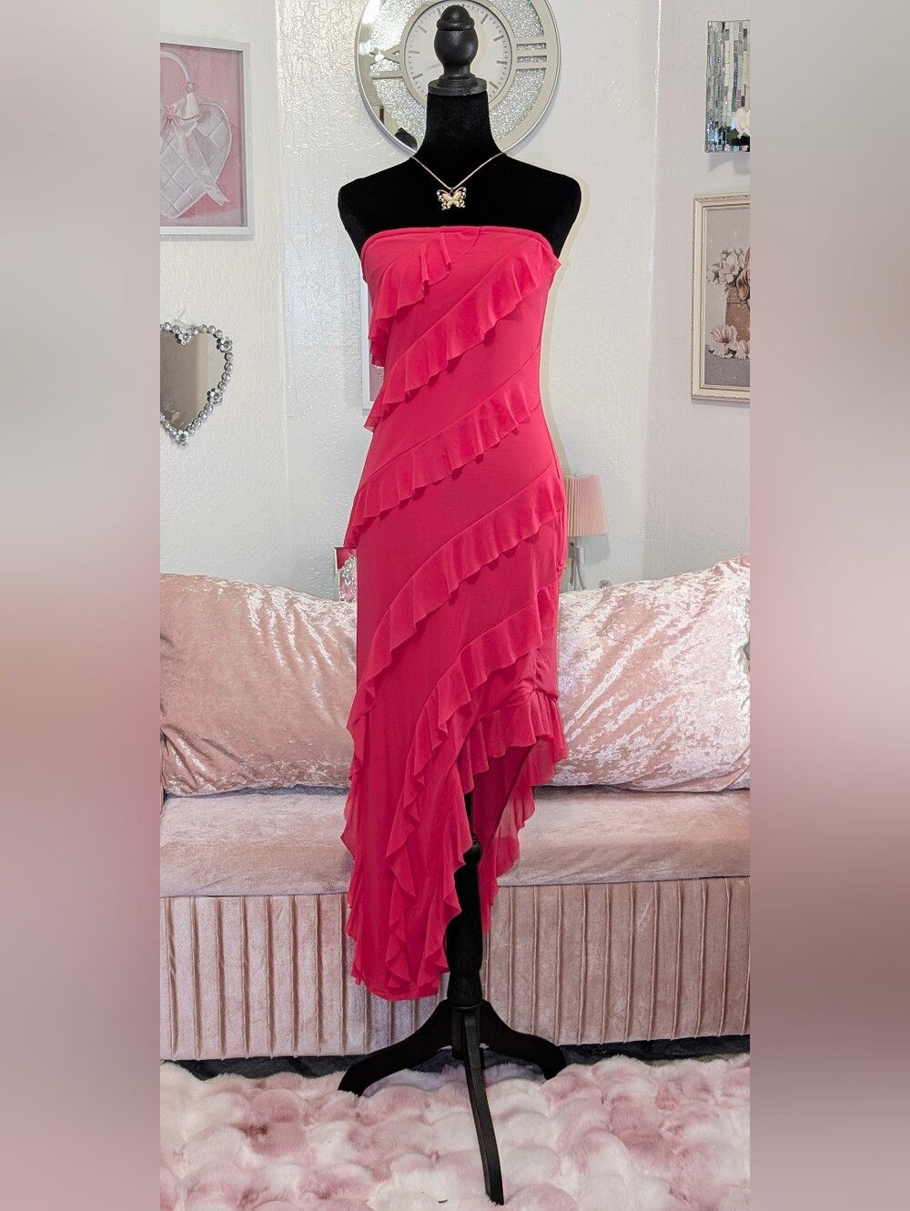 💞 PrettyGarden Hot Pink Strapless Asymmetrical Ruffle Bodycon Midi Dress Size M